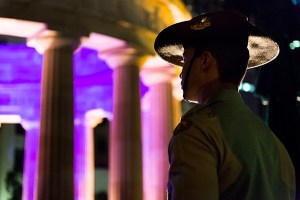 Private Victor Esguerra at the ANZAC Day pre-dawn service, ANZAC Square, Brisbane, QLD, 25 April 2014.